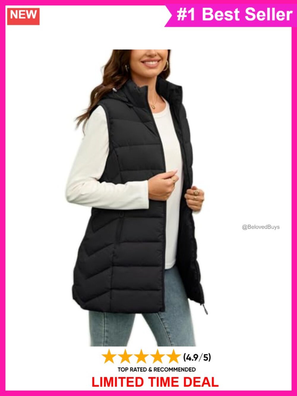 Fleece-Lined Puffer Vest Hooded Sleeveless Winter Warm Pockets